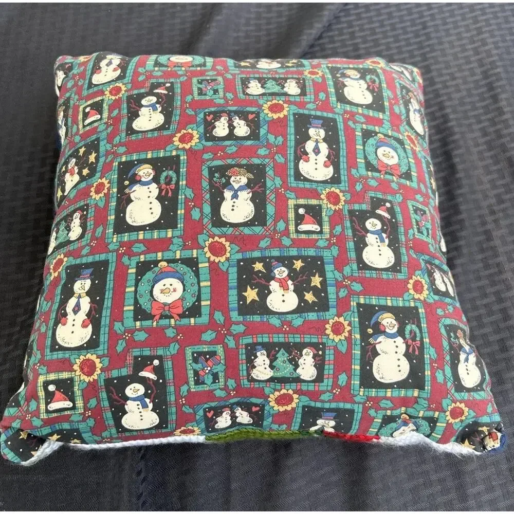Vintage Handmade Needlepoint Christmas Snowman Throw Pillow 15 X 15